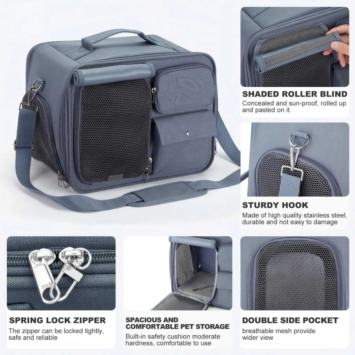 Bolsa de viaje gris para transportar mascotas, para gatos y perros pequeños, con laterales de malla, un asa resistente y una correa de hombro ajustable.