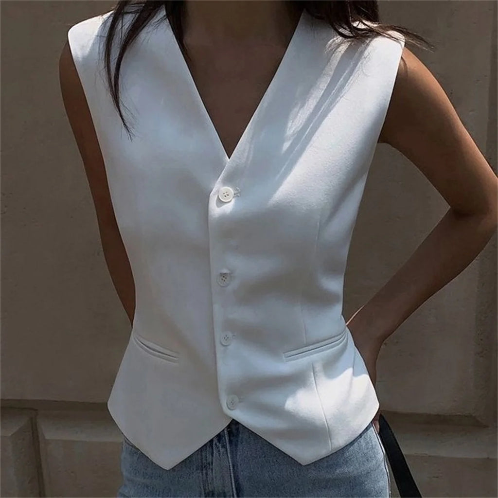 Women's White Suit Vest Formal Waistcoat V Neck Slim Fit Sleeveless Blazer Jacket Office Business Dinner Attire Lady Elegant Top