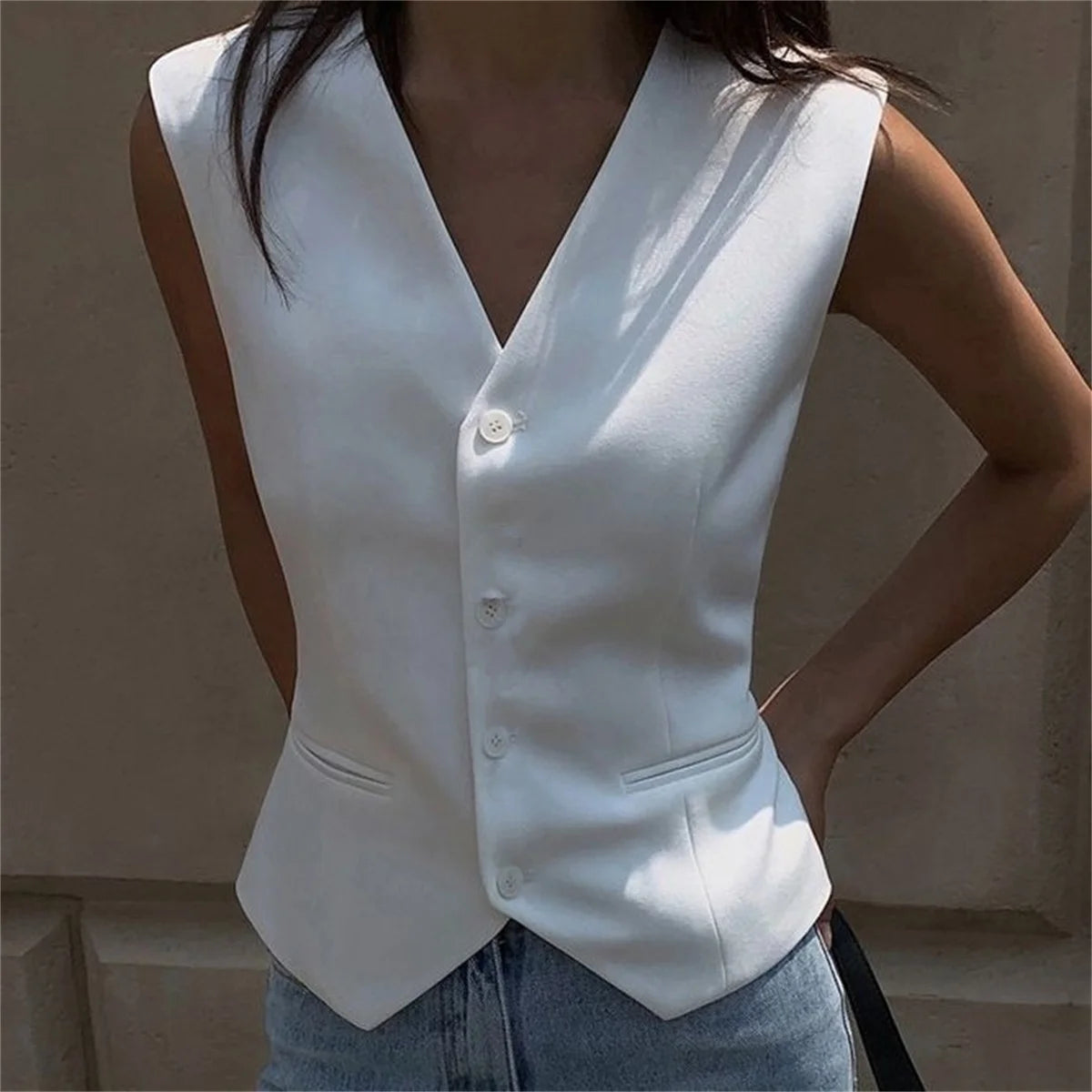 Women's White Suit Vest Formal Waistcoat V Neck Slim Fit Sleeveless Blazer Jacket Office Business Dinner Attire Lady Elegant Top