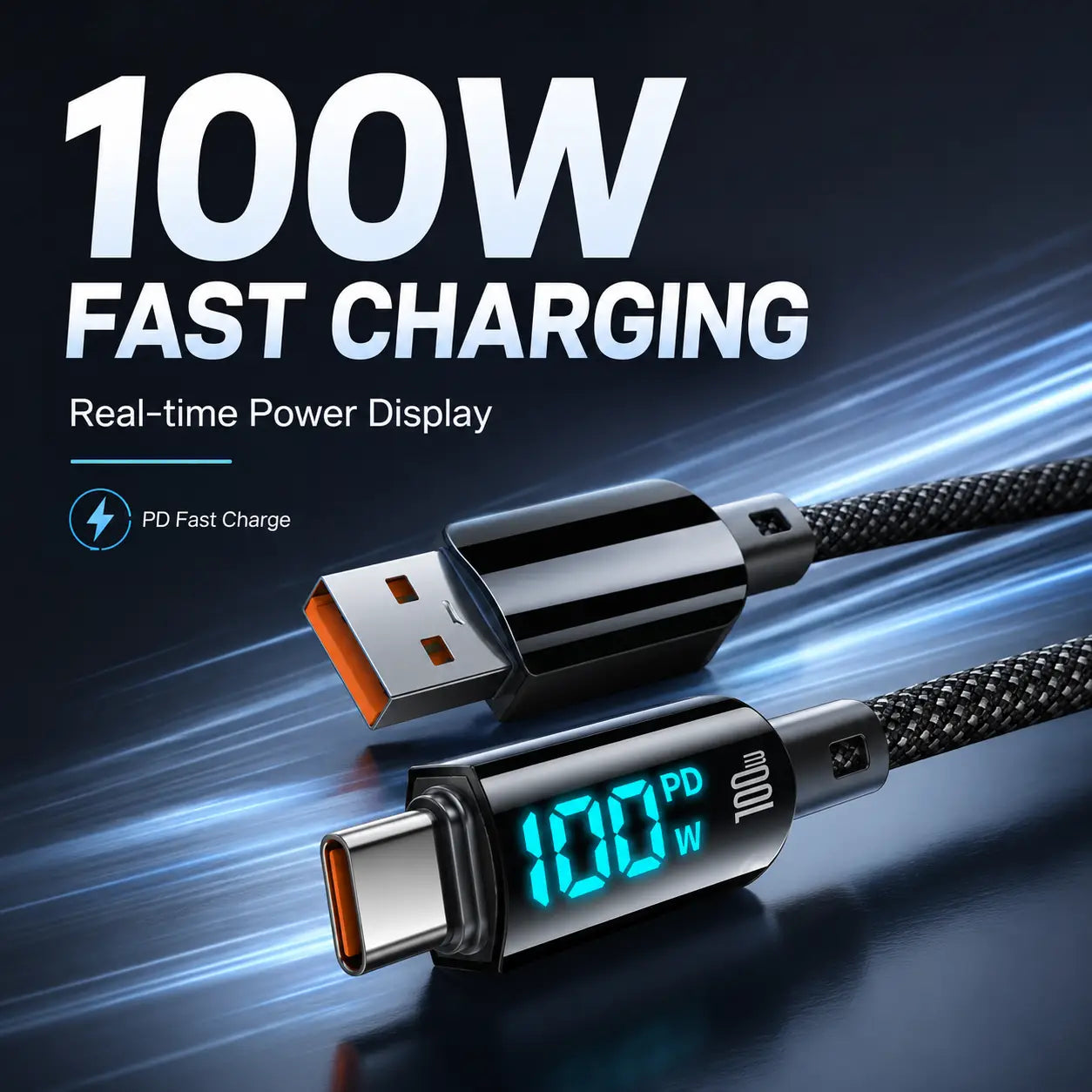 Schwarzes geflochtenes USB-C-zu-USB-A-Kabel mit 100-W-LED-Digitalleistungsanzeige für schnelles Laden.