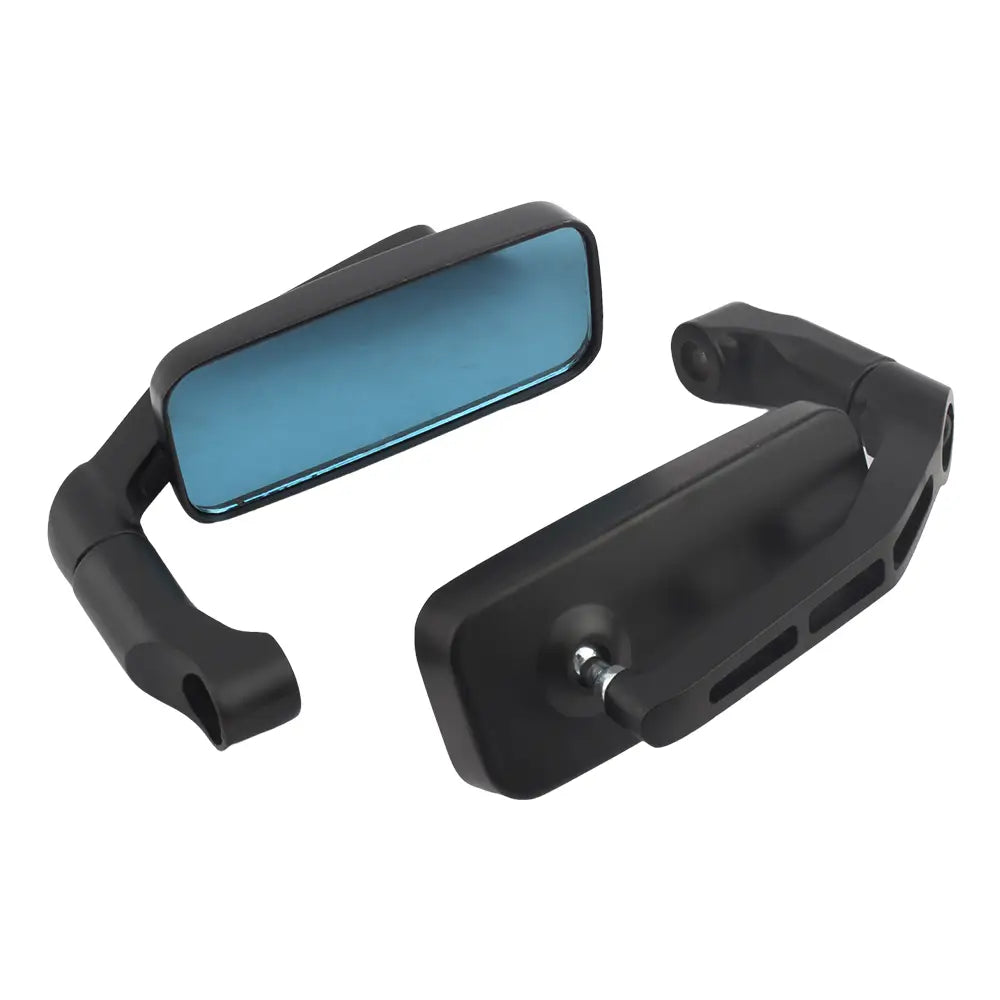 Universelle Motorrad-Rückspiegel schwarz mit kantigem, robustem Gehäuse und blau getönten reflektierenden Oberflächen, dargestellt von der Rückseite.