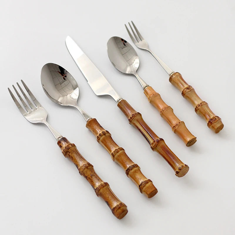 Stainless Steel Cutlery Set, Household Kitchen Utensil Flatware Sets, Nature Bamboo Handle Cutlery Sets, Dishwasher Safe