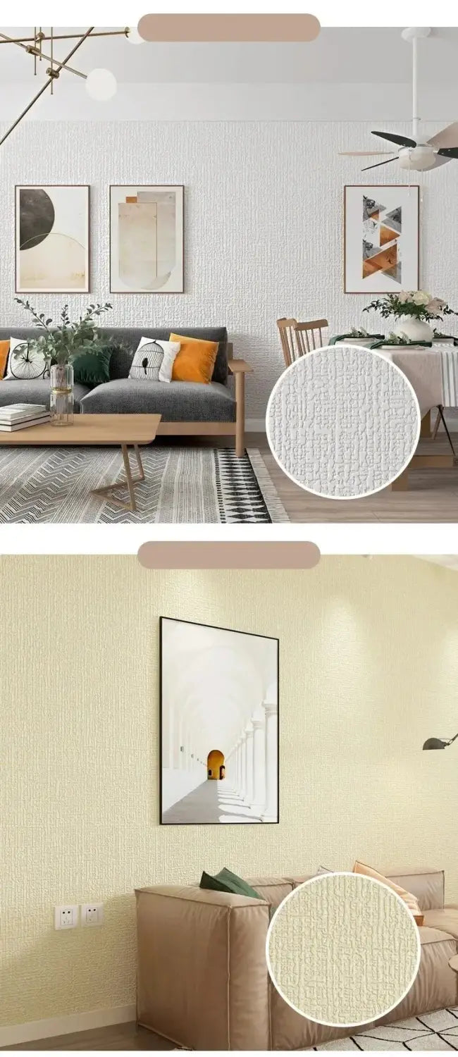 3D-Leinen-Selbstklebentapete für das Wohnzimmmer mit einer strukturierten Oberfläche in einem dezenten neutralen Farbton mit feinem gewebtem Muster, geeignet für Papiertapeten im Kinderzimmer.