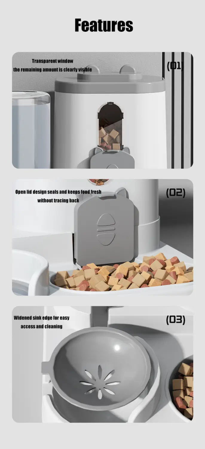 Automatic dog bowl and water dispenser in white and gray with transparent window, open lid design, and widened sink edge for easy cleaning.