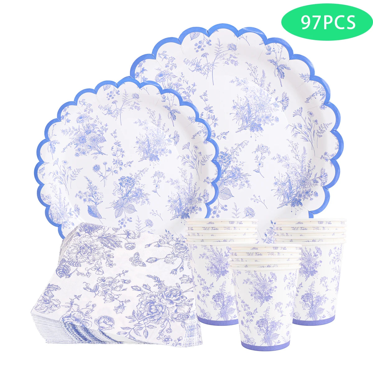 97Pcs Blue and White Porcelain Themed Disposable Tableware Set, Featuring Classic Blue and White Texture with an Elegant Chinese Style Design, Simple, Retro, and High-End. A Complete Set of Dinner Plates, Paper Cups, and Napk
