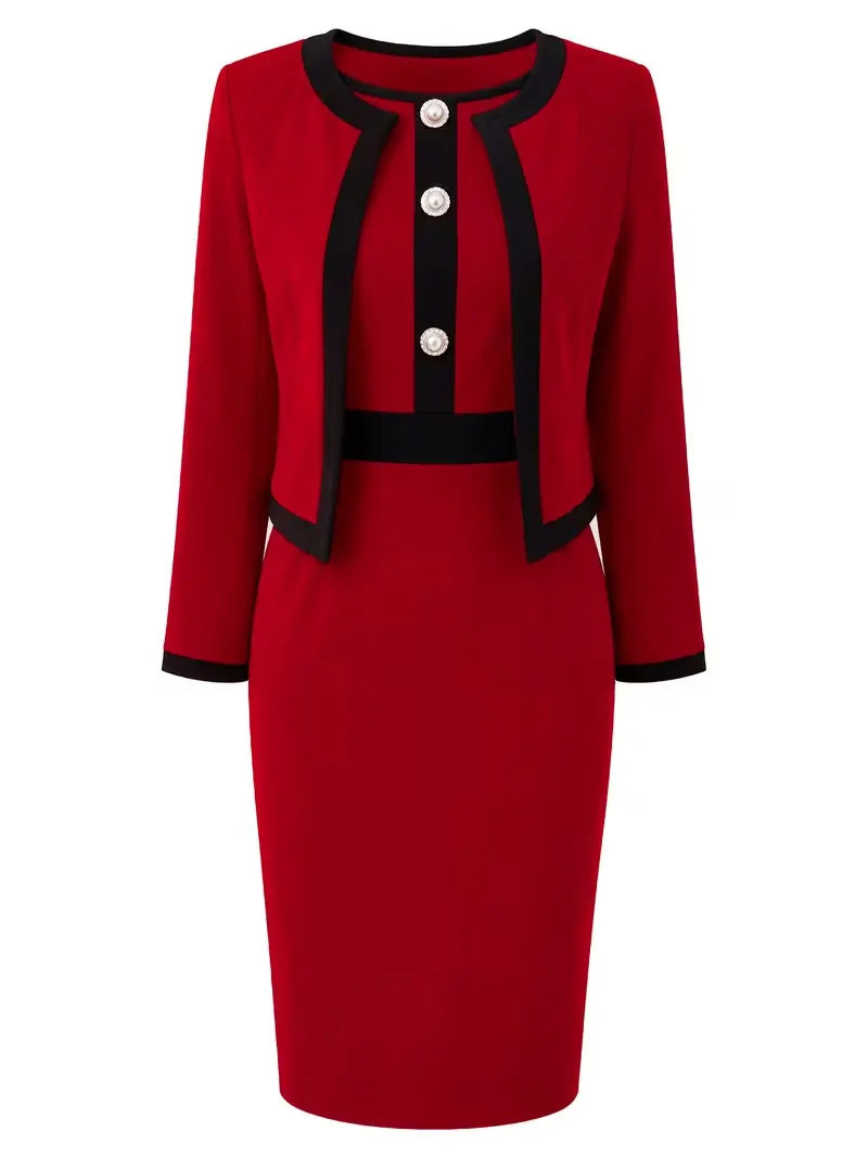 Women Red 2‑Piece Outfit Set Sleeveless Pearl Button Pencil Midi Dress + 3/4 Sleeve Black Trim Bolero Jacket Formal Office Suit