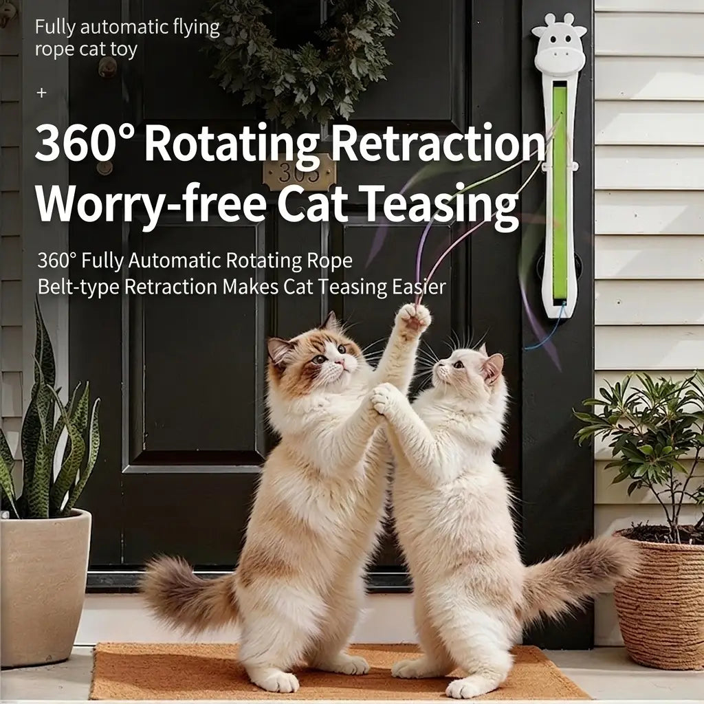 Juguetes para gato con forma de jirafa blanca y cuerda retráctil verde diseñados como juguetes interactivos para el juego automático de cuerda voladora.