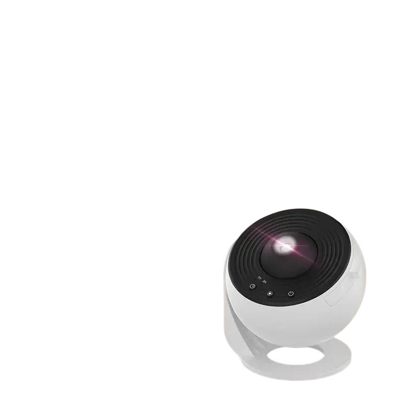 White spherical galaxy projector night light with black control panel and lens projecting star lights for sleep
