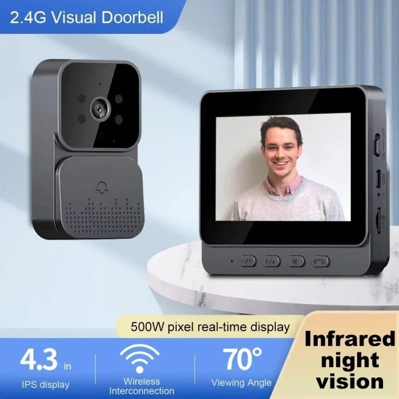 Black smart video doorbell with 4.3 inch ips display wireless connectivity and infrared night vision paired with matching indoor monitor showing real-time video feed.