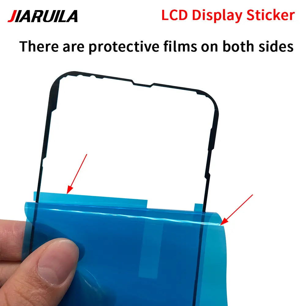 pegatina transparente para pantalla LCD con borde negro y película protectora azul en ambos lados para una pegatina de sellado resistente al agua compatible con iPhone 16 15 14 pro max y mini adhesivo para uso de protección de LCD.