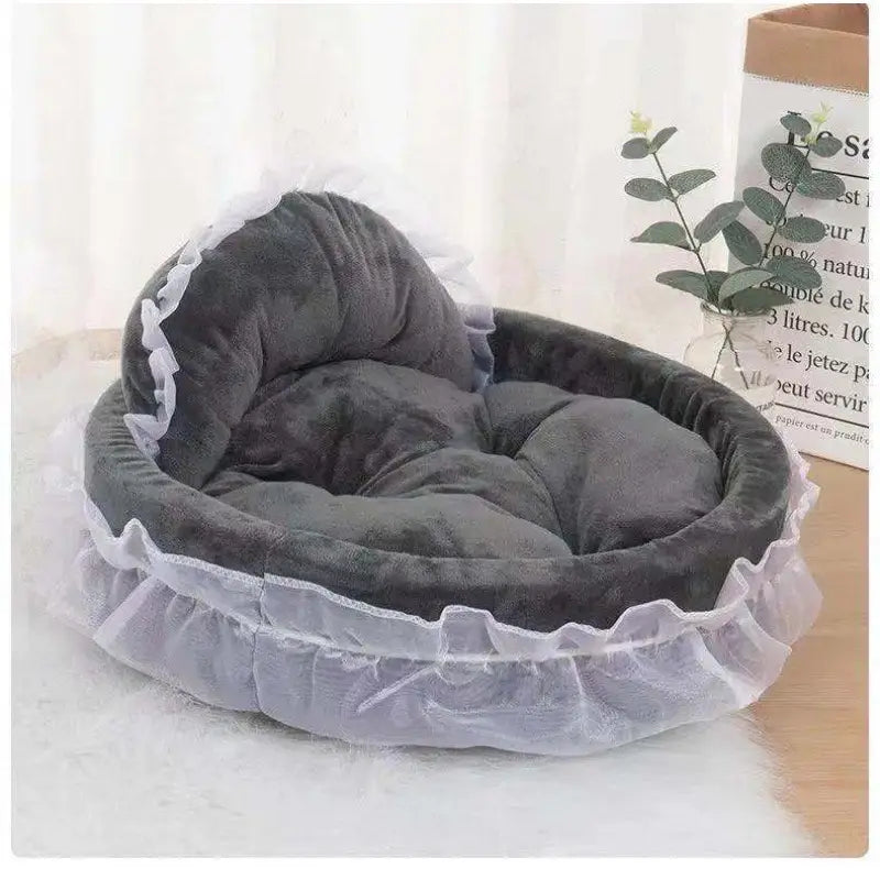 Gray plush pet bed with ruffled white lace trim designed for dogs and cats in the princess pink lace pet bed collection.
