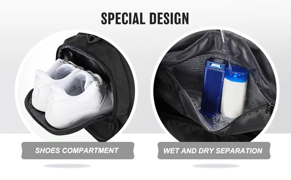 black waterproof sports gym duffel bag with specialized compartments for shoes and wet dry separation shown from the back side