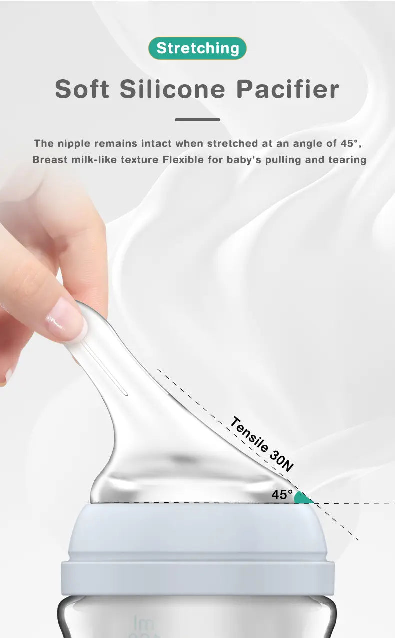 Transparenter, weicher Silikon-Schnuller mit flexibler Brustwarzen-ähnlicher Saugspitze, ausgelegt für die sichere Verwendung bei Babys in einer BPA-freien Anti-Kolik-Glas-Babiflasche.
