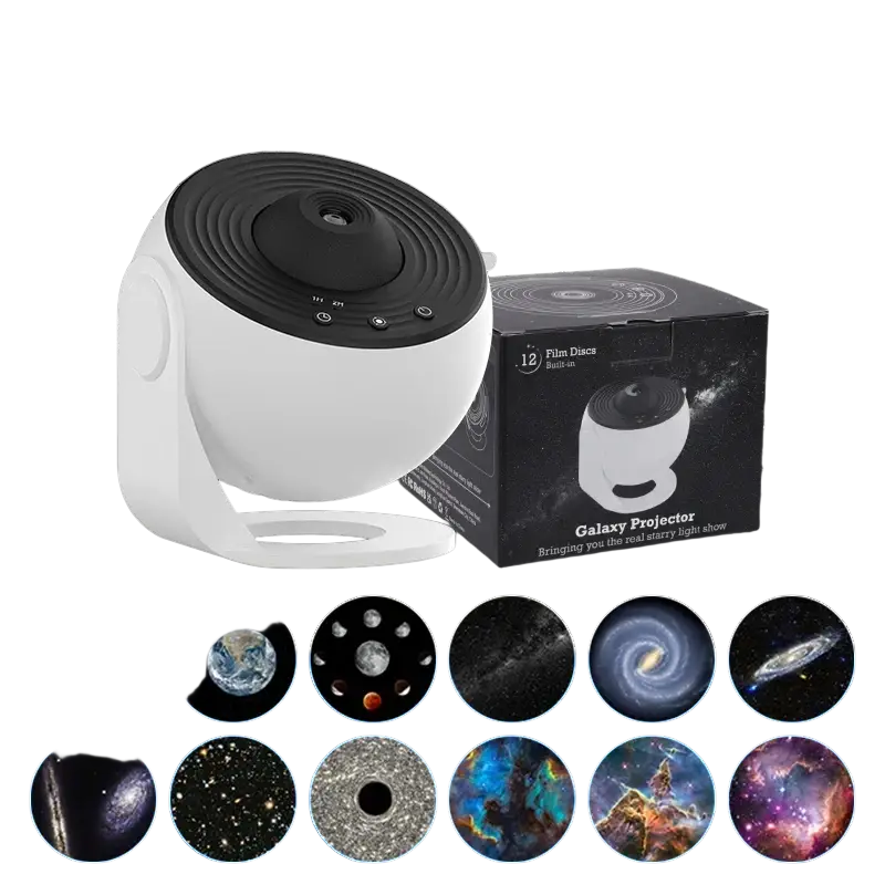White and black galaxy projector with circular design and 12 film discs for projecting star lights and night lights