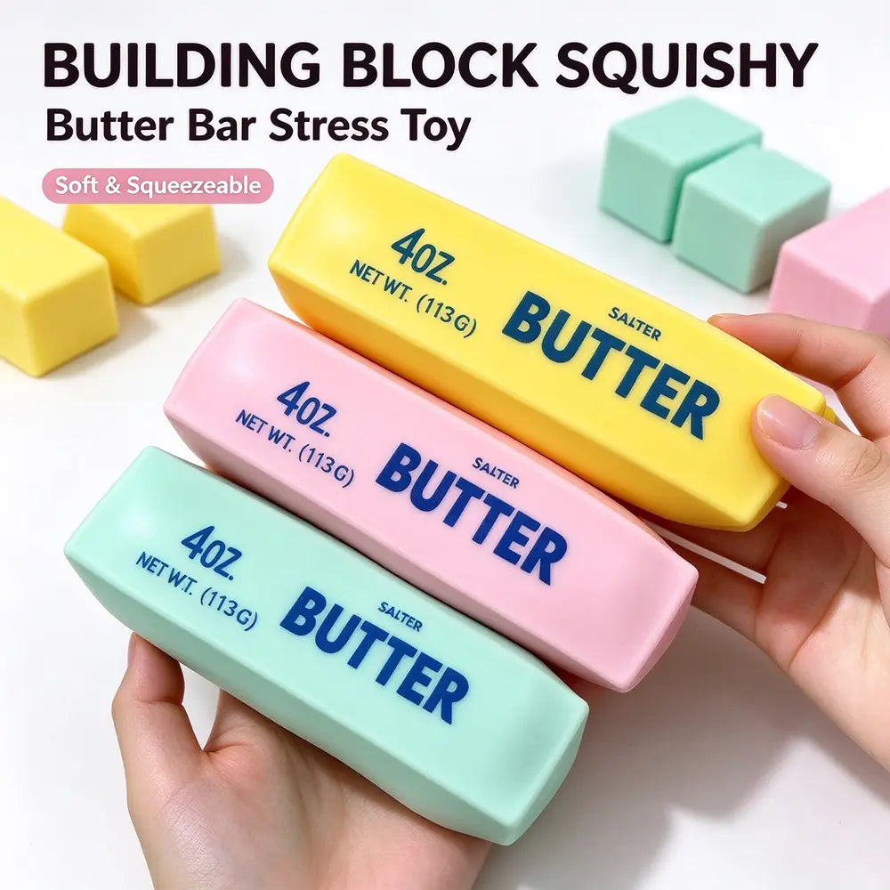 Pastellfarbene, knetbare Butterriegel-Sinnes-Fidget-Spielzeuge mit Butteraufdruck in Blau auf einer weichen, gut zusammendrückbaren Oberfläche, entwickelt zur Stresslinderung und zur sensorischen Beschäftigung
