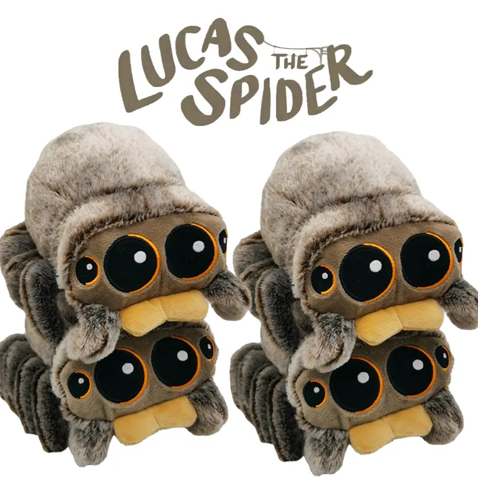 plush toy cartoon spider stuffed animal doll from mainland china features fuzzy brown bodies with oversized black eyes outlined in orange and yellow mouths