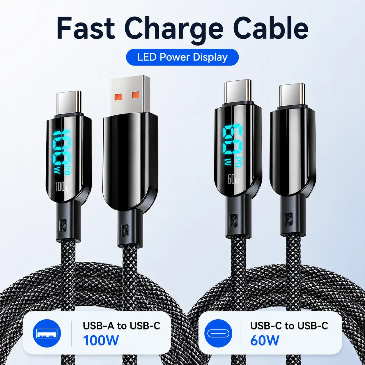 Schwarze geflochtene 100-W-LED-Digitalanzeige-USB-C-Schnellladekabel, die Leistungsstufen von 100 W und 60 W anzeigen, mit USB-A-zu-USB-C- und USB-C-zu-USB-C-Steckverbindern.