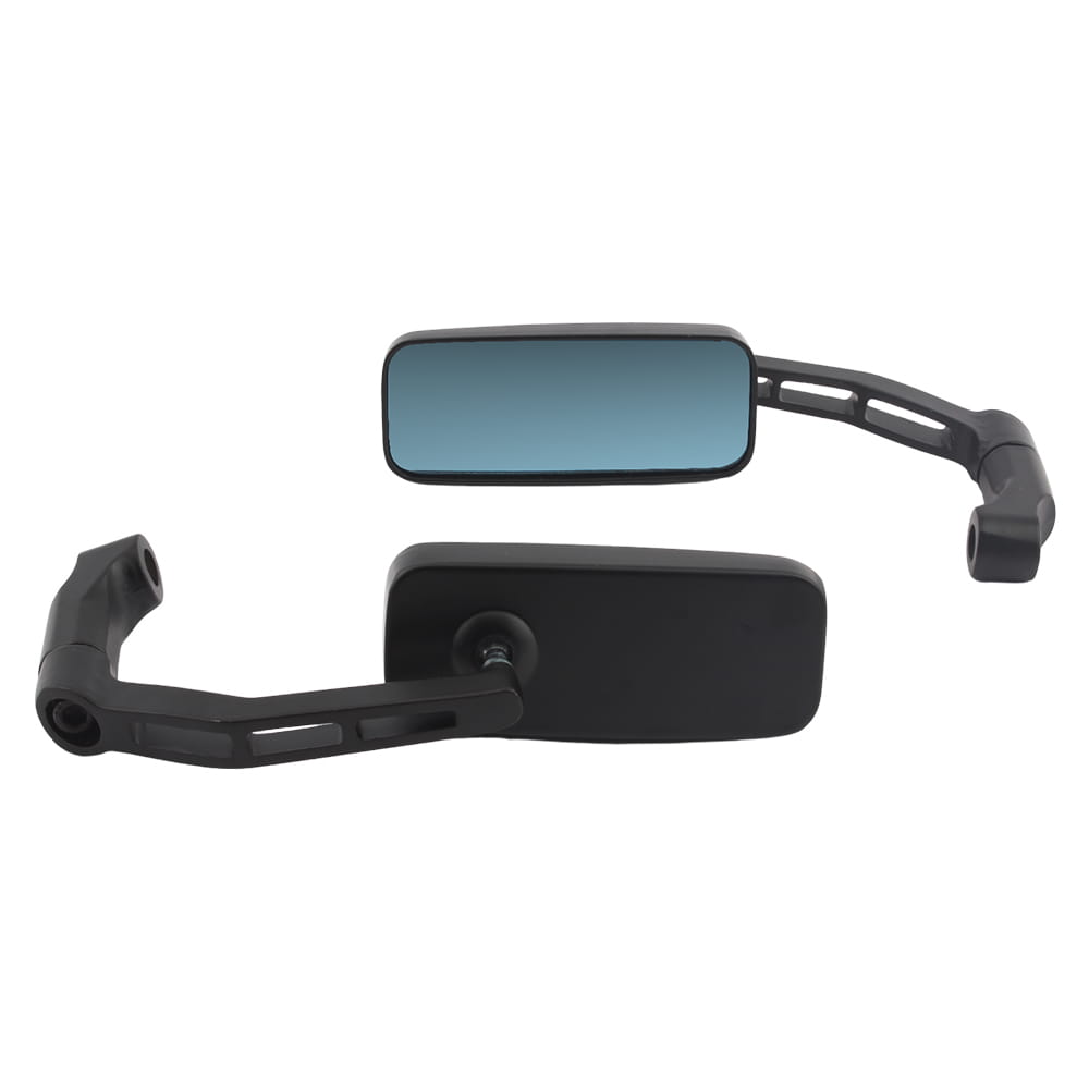 Universelle Motorrad-Rückspiegel schwarz mit elegantem kantigem Design und blau getöntem reflektierendem Glas, dargestellt von der Rückseite.