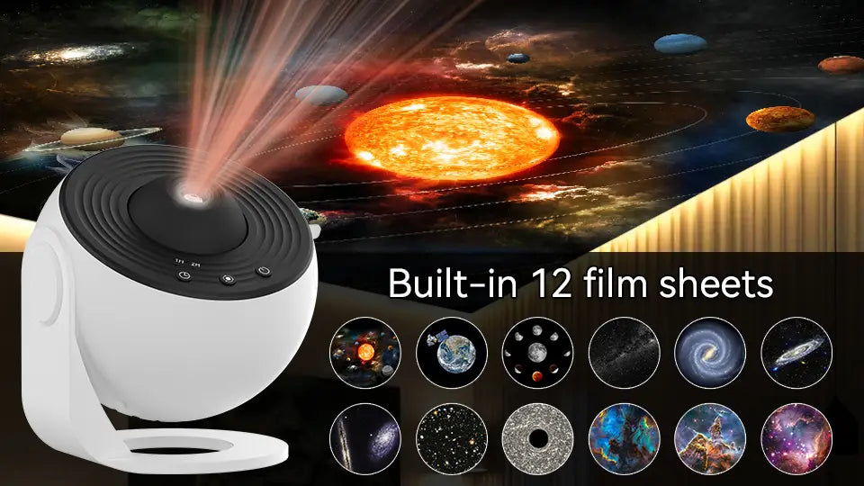 Projecteur de galaxie sphérique blanc avec un couvercle supérieur noir et des boutons de commande, conçu pour projeter des lumières d’étoiles cosmiques sur les murs.