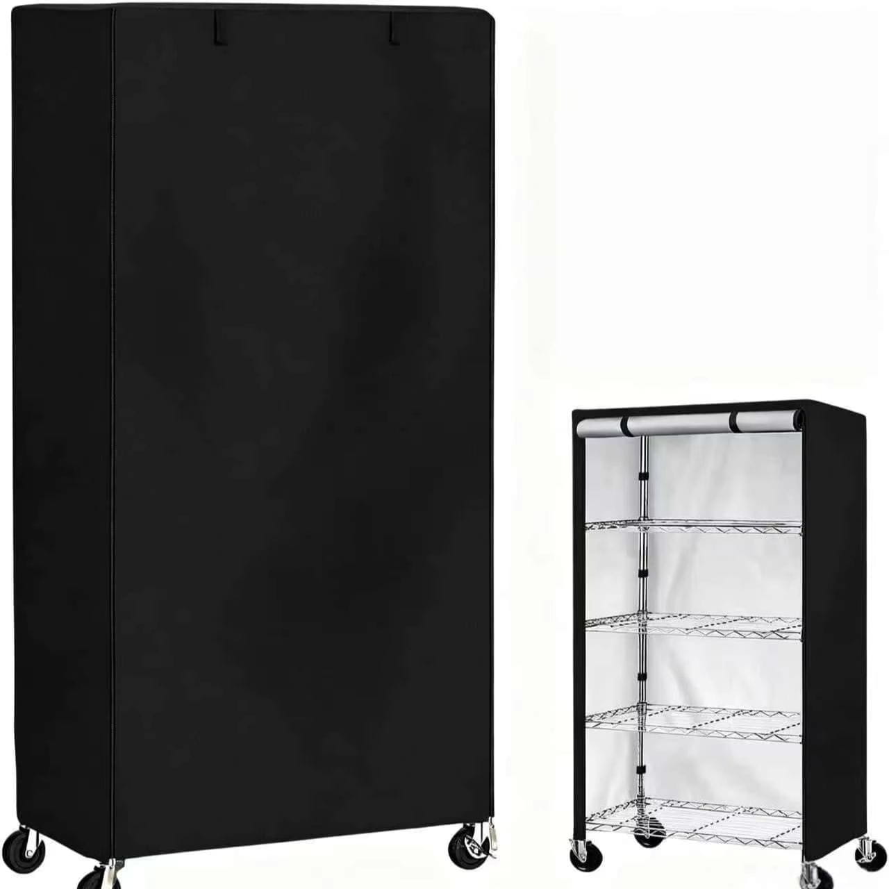 Carrito de almacenamiento móvil negro recubierto con tela con estantes de alambre cromado y ruedas giratorias, con funda protectora para unidad de estantería de tela tipo Oxford.
