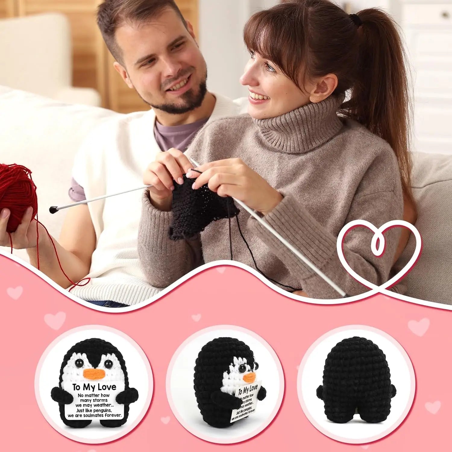 Petit jouet en peluche au crochet de pingouin noir avec des détails blancs au niveau du visage, avec une carte de message empreinte d’affection attachée, provenant de la collection de cadeaux d’amour au crochet de pingouin.