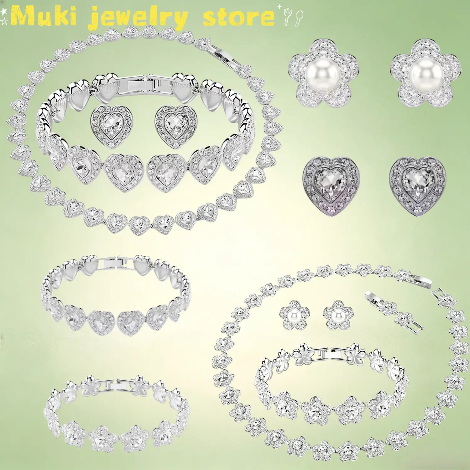 Parure de bijoux au thème cœur en argent et fleurs, comprenant un collier, des boucles d’oreilles et un bracelet, rehaussés d’accents en cristal transparent.