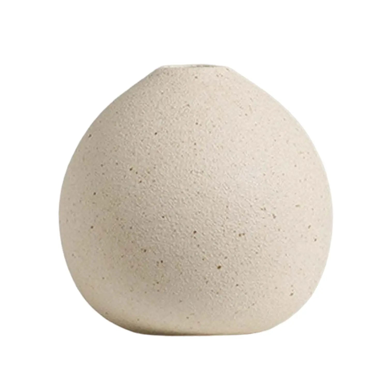 Cream-colored speckled ceramic flower vase with a rounded egg-like shape for boho tabletop decor.