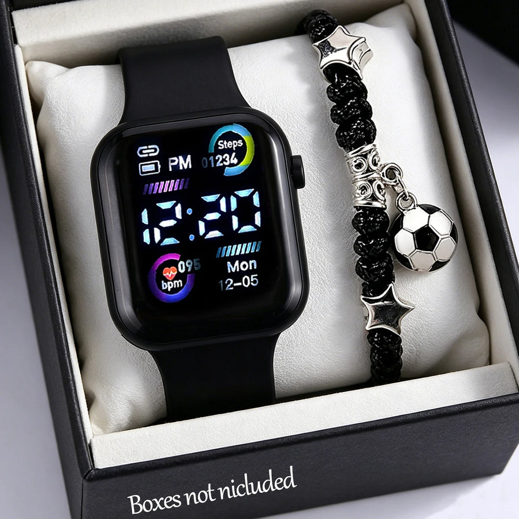 2-Piece Set, Boys' Led Digital Electronic Watch with Football Bracelet, Casual and Stylish, Versatile for Everyday Wear, a Nice Holiday or Birthday Gift.