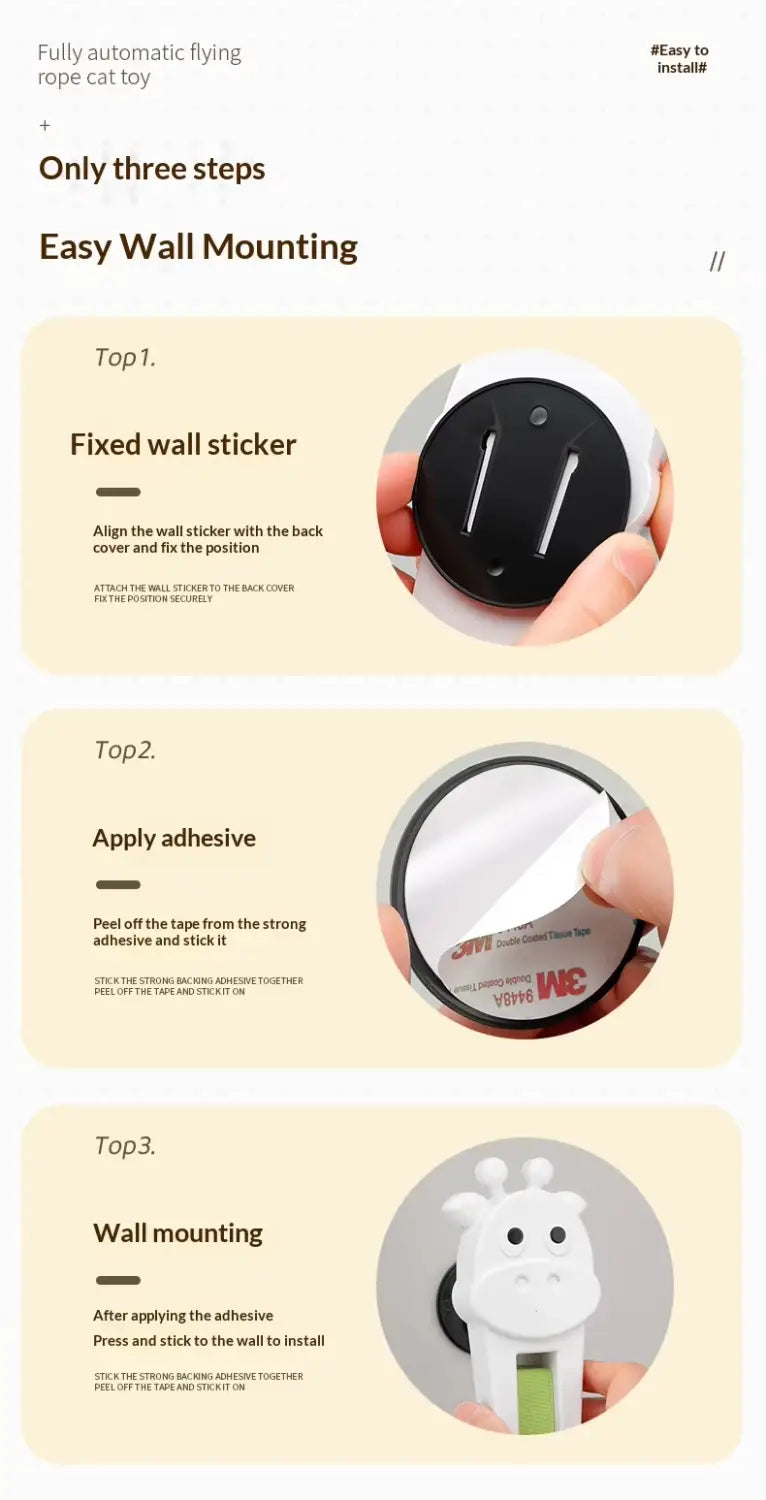 Juguete para gato montado en la pared con forma de jirafa blanca, con cuerpo redondeado y ojos negros, diseñado como juguete automático de cuerda voladora interactiva para juguetes de gatos y juguetes para mascotas.