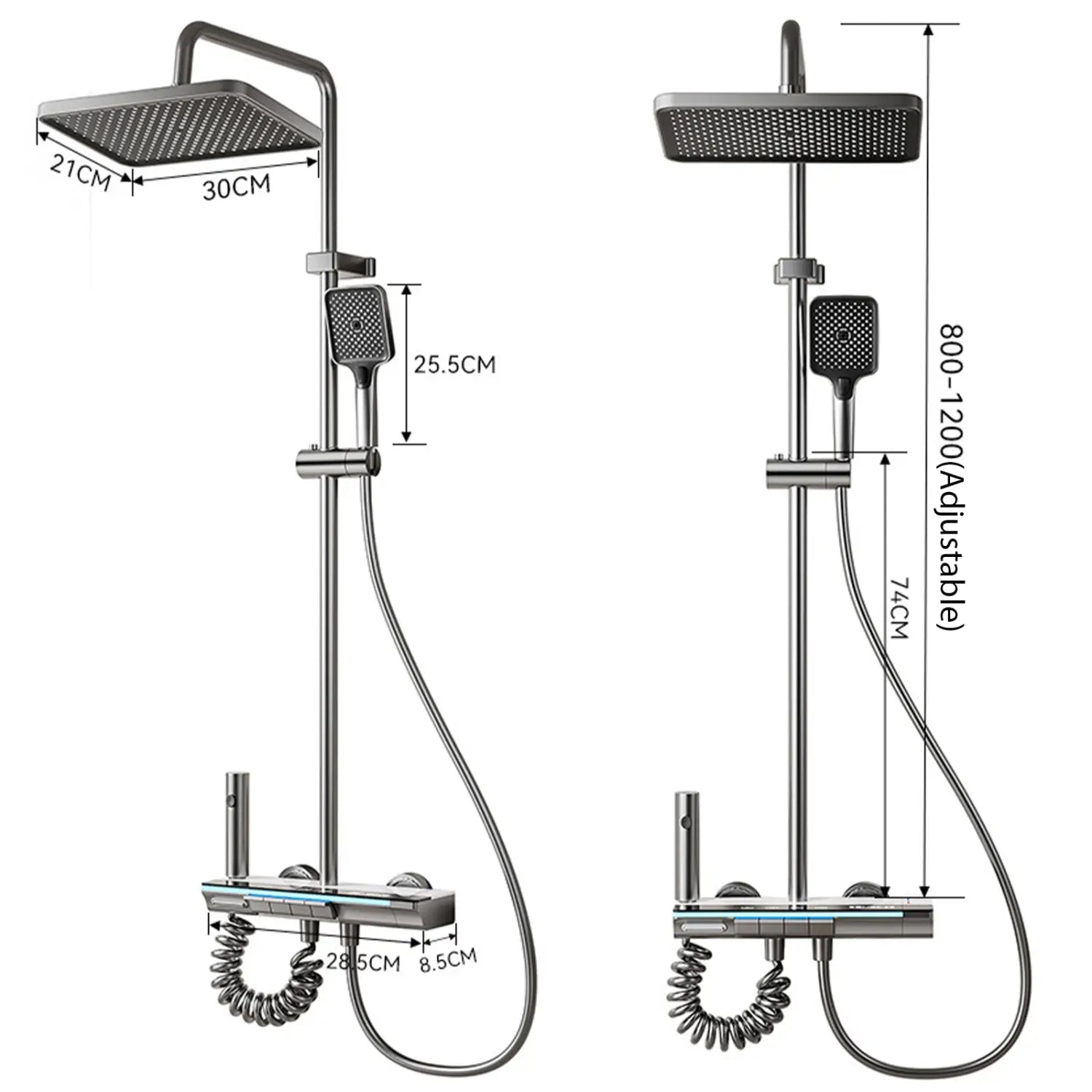 Modernes Regenbrausesystem mit verchromter Oberfläche, quadratischem Regenduschkopf, Handbrause, einstellbaren Höhenstufen und digitaler Anzeige