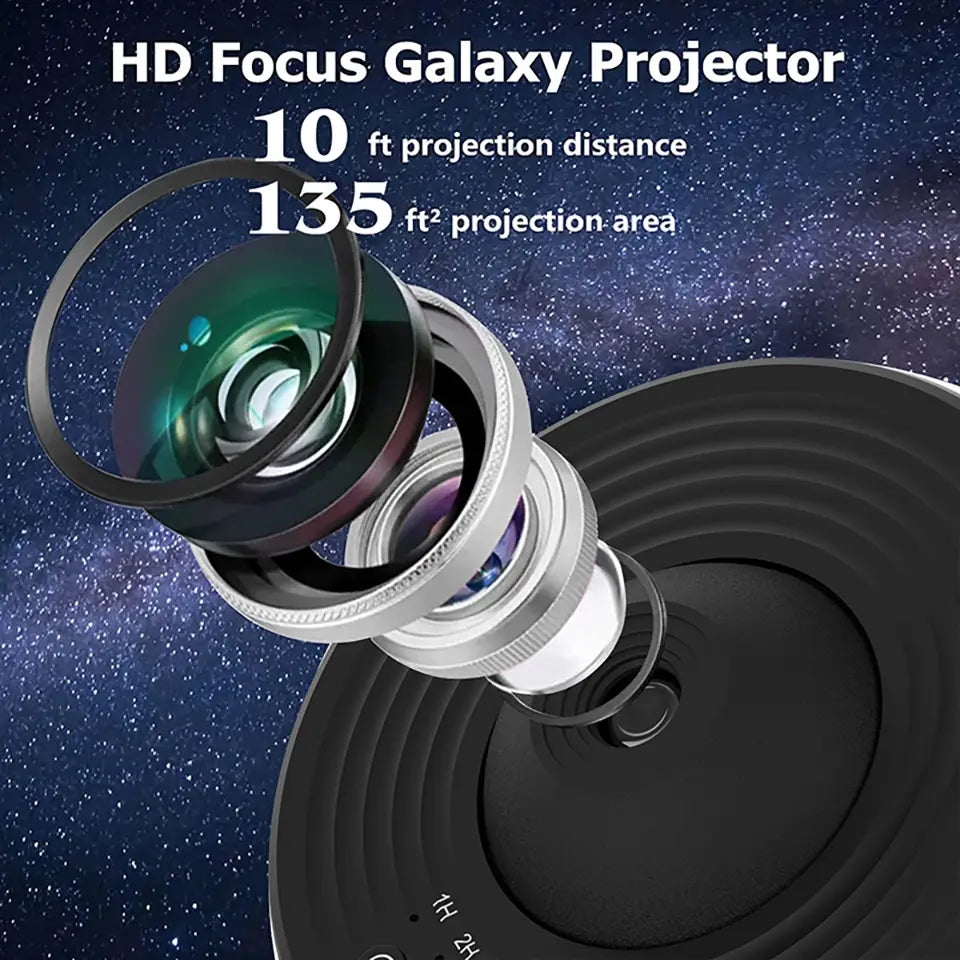 Projecteur de galaxie à mise au point HD avec un ensemble optique élégant noir et argent, conçu pour une distance de projection de 10 pieds dans une veilleuse de type « ciel étoilé » de planétarium à projecteur de galaxie.