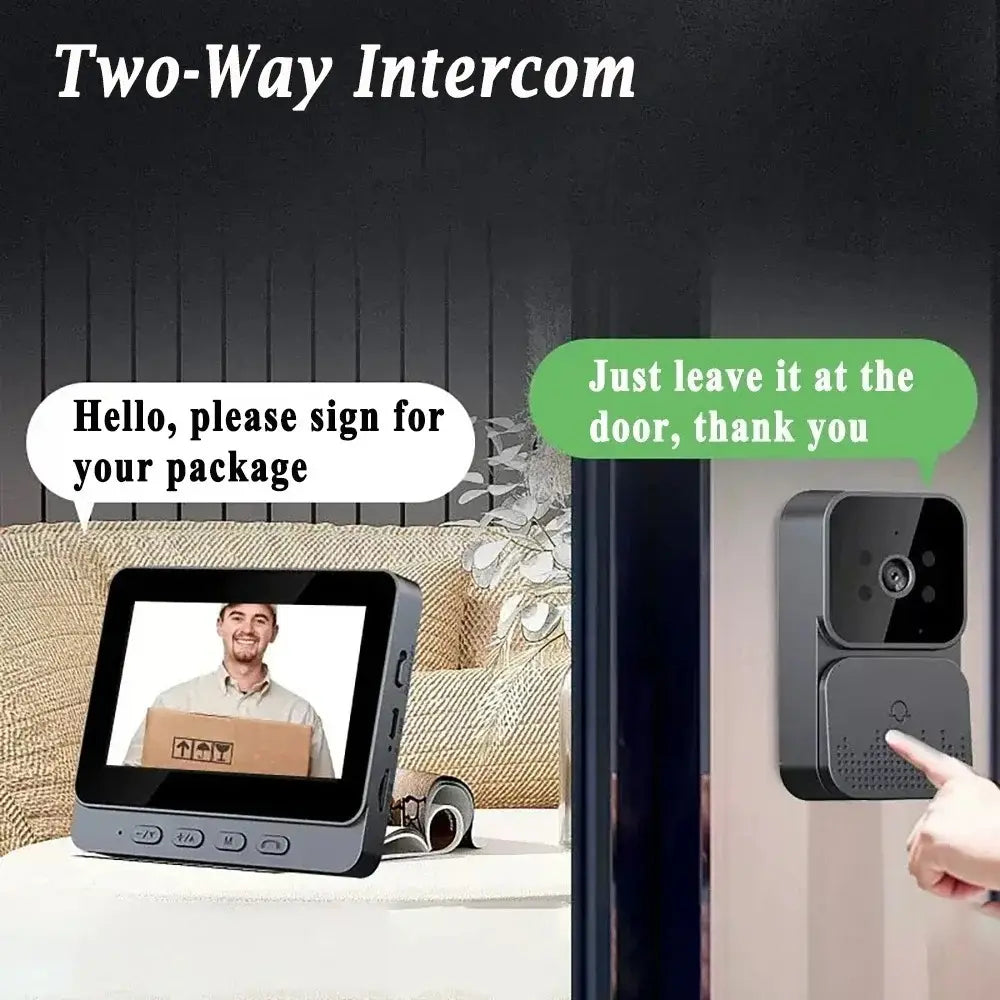 Black smart video doorbell with two-way intercom camera and speaker mounted on a wall featuring a 4.3 inch screen and night vision capabilities.