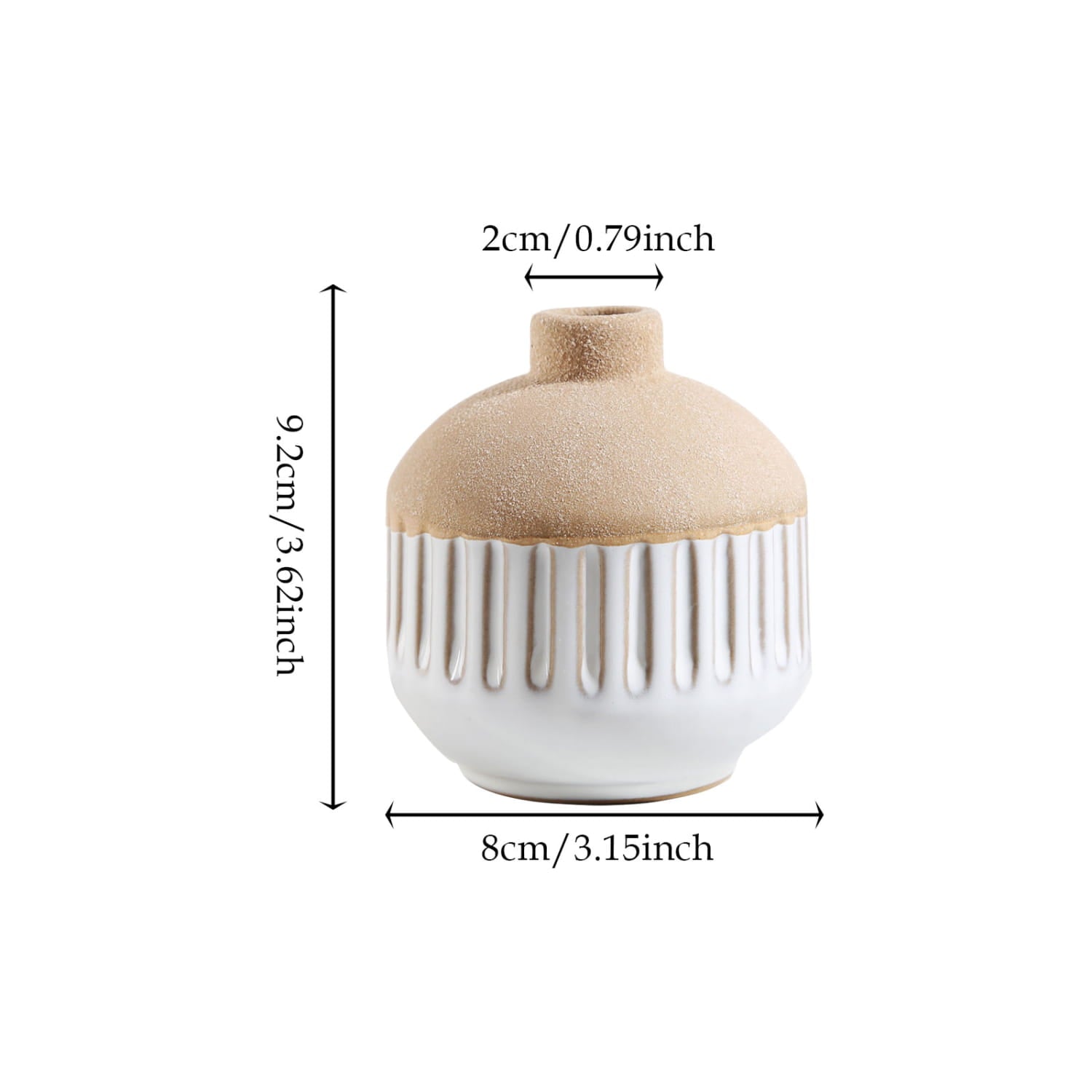 A small ceramic flower vase with a white ribbed body and beige textured top suitable for boho tabletop decor.