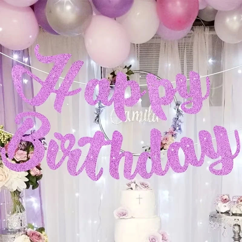 Happy Birthday Banner, Black/Gold/Silver/Purple/Rose Gold Birthday Bunting, Birthday Party Background Decorations