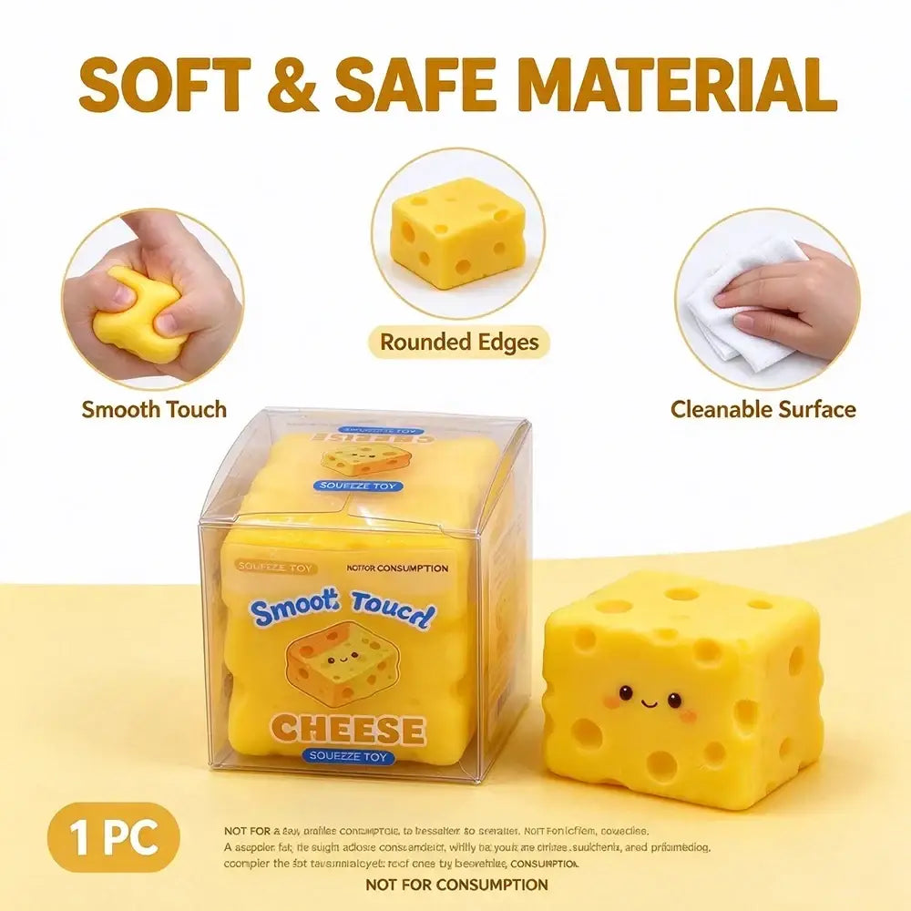Yellow cheese-shaped squeeze toy with a cute face and rounded edges shown from the front as a slow rising stress relief fidget toy