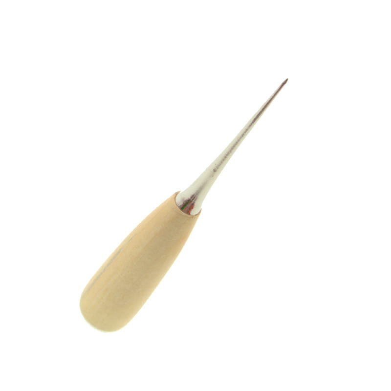 Leather sewing awl with a slender light-colored wooden handle and a polished metal tip for crafting and punching.
