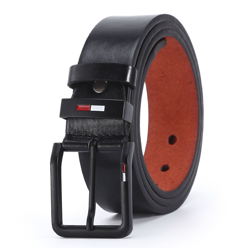 Black leather pu business belt for men with a matte finish and red white and blue Tommy Hilfiger logo on the square buckle suitable for casual wear.