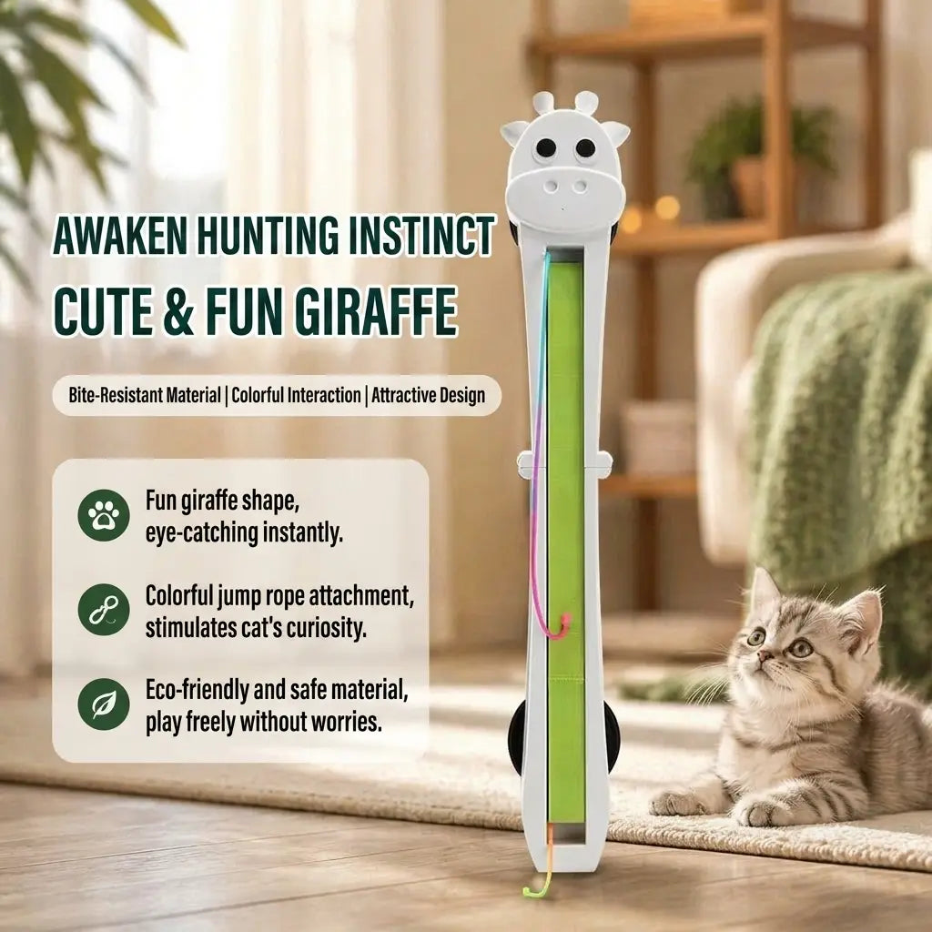 Juguete para gato automático de cuerda voladora interactiva con forma de jirafa de plástico blanco, con un tubo vertical verde y un accesorio de cuerda elástica de colores diseñado como juguete interactivo automático de cuerda voladora para mascotas.