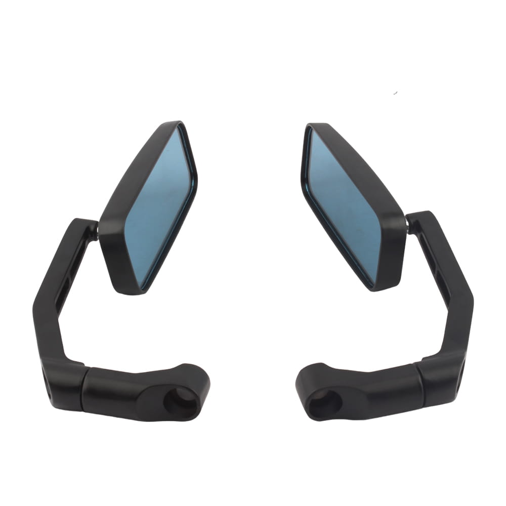 Universelle Motorrad-Rückspiegel in Schwarz mit blau getöntem reflektierendem Glas und einem eleganten kantigen Design, das die Rückseite des Produkts zeigt.