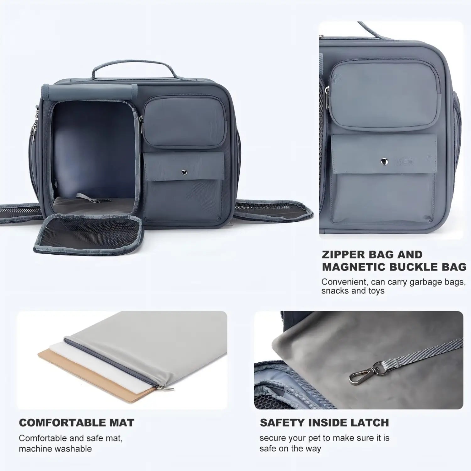 Bolsa de viaje gris para transportar mascotas, para gatos y perros pequeños, con múltiples compartimentos, cierre con cremallera y cierres con broche magnético.