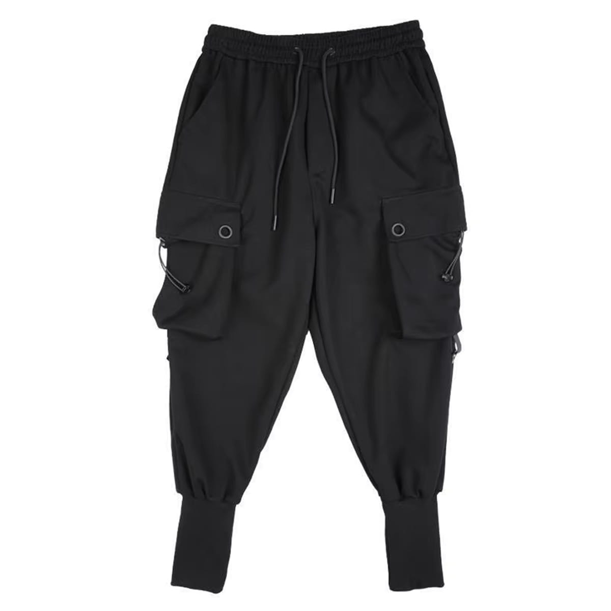Men black cargo jogger pants featuring a drawstring waist, large side pockets secured by metal grommets, and adjustable straps.