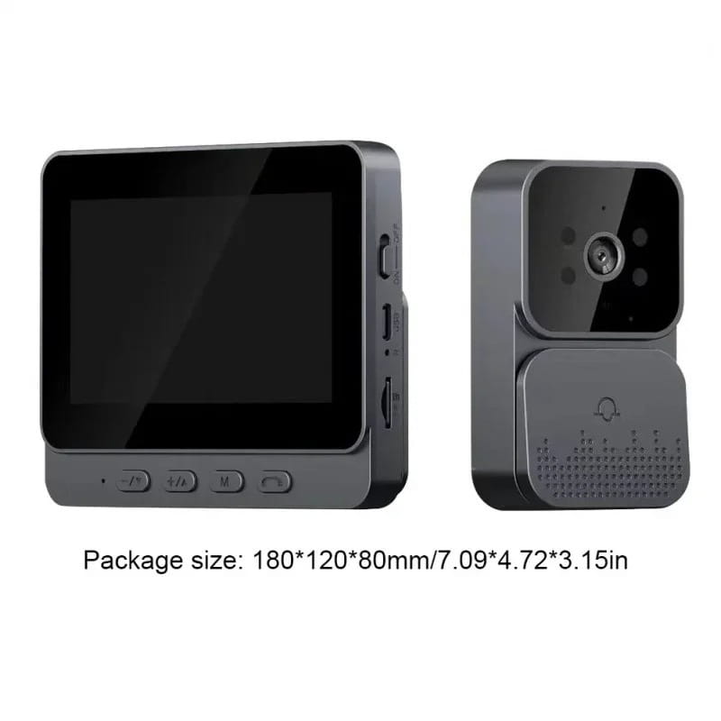 Black rectangular smart video doorbell with a 4.3 inch screen, camera lens, speaker grille, and night vision capability.