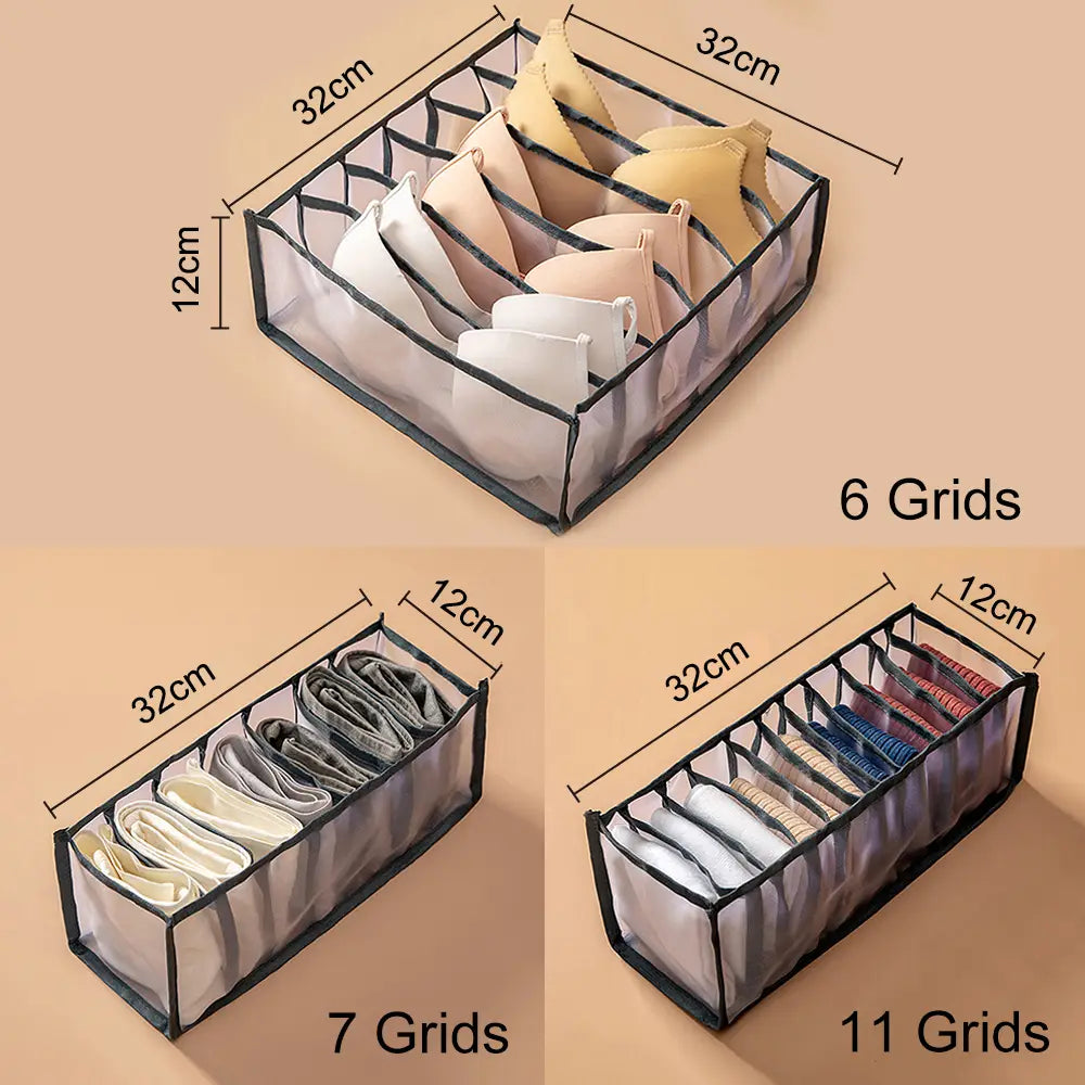 Transparent mesh lingerie drawer divider organizer with black trim and six, seven, or eleven compartments for bras and underwear.