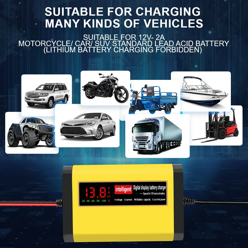 Cargador inteligente para batería de automóvil de 12 V amarillo y negro de 2 A, AGM y gel, con pantalla digital y pantalla LED roja, que muestra lecturas de voltaje.