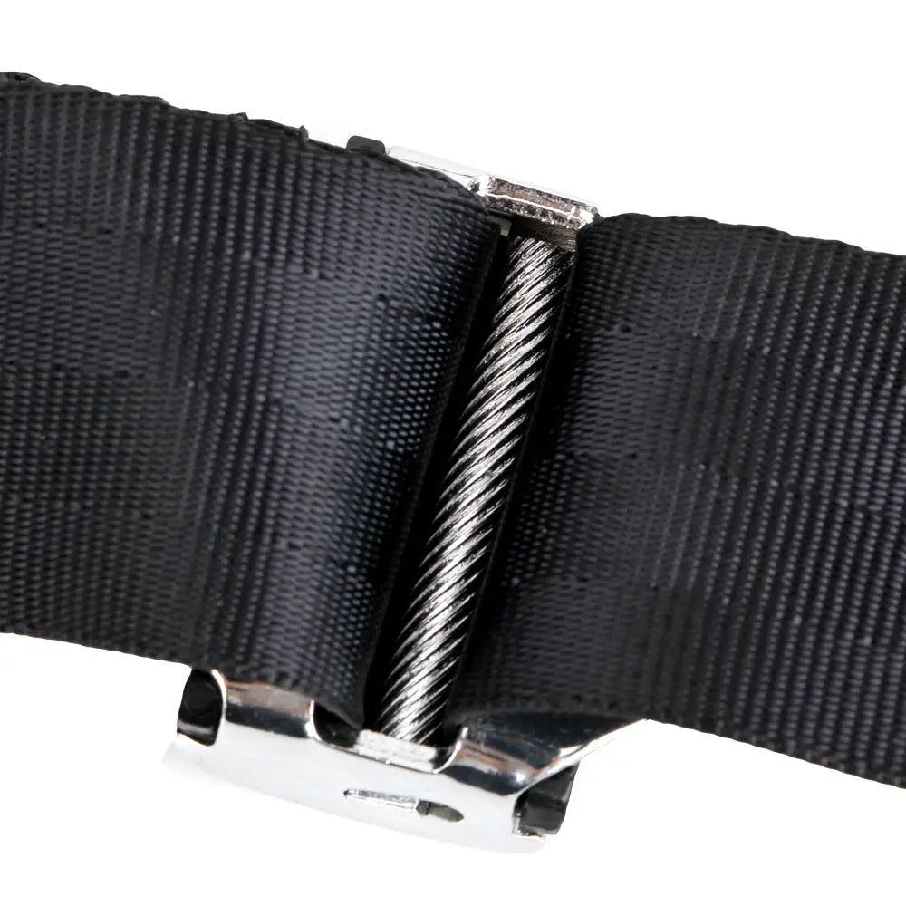 Black woven fabric universal Isofix car seat belt extender with a silver metal buckle and reinforced stitching.