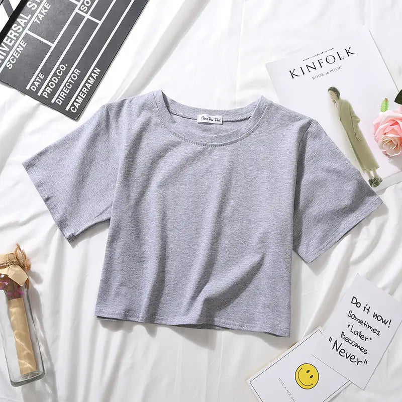 Women solid short sleeve crop top casual t-shirt gray heathered with a round neckline and short sleeves