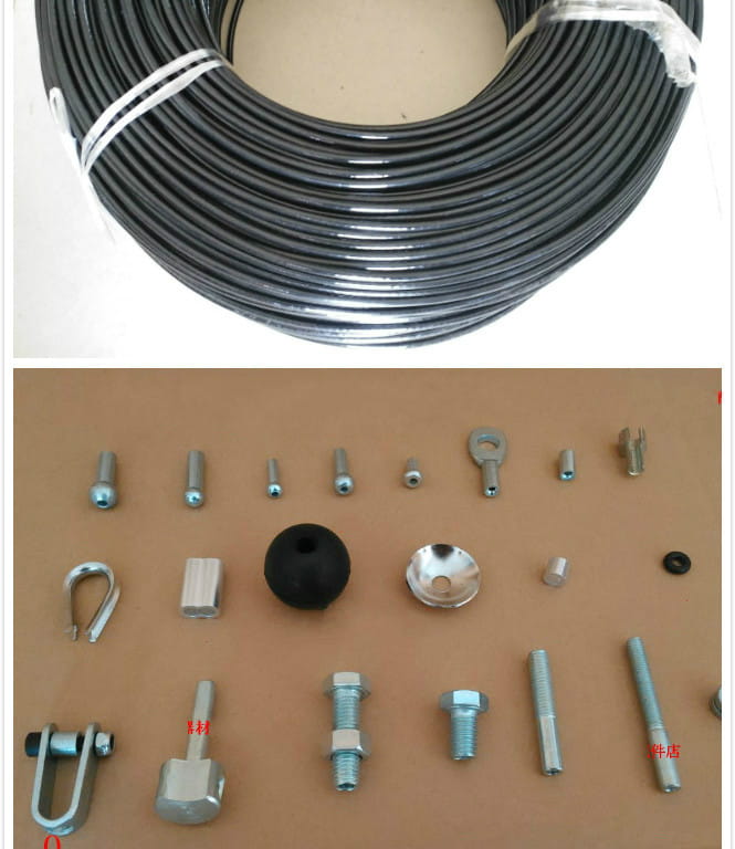 black coiled cable with metallic hardware components arranged below for gym cable replacement wire rope fitness equipment part.