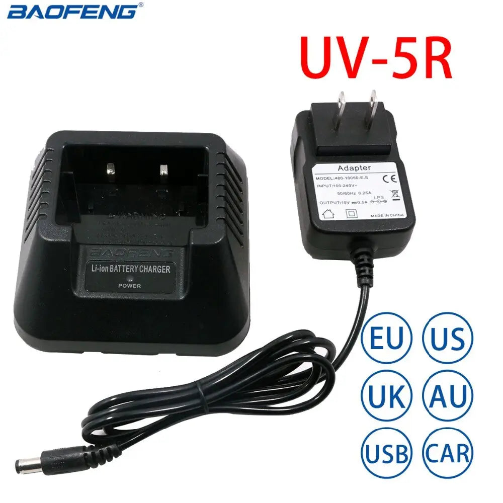 Black baofeng uv-5r li-ion battery charger with matching adapter and coiled cable suitable for uv5r radios.