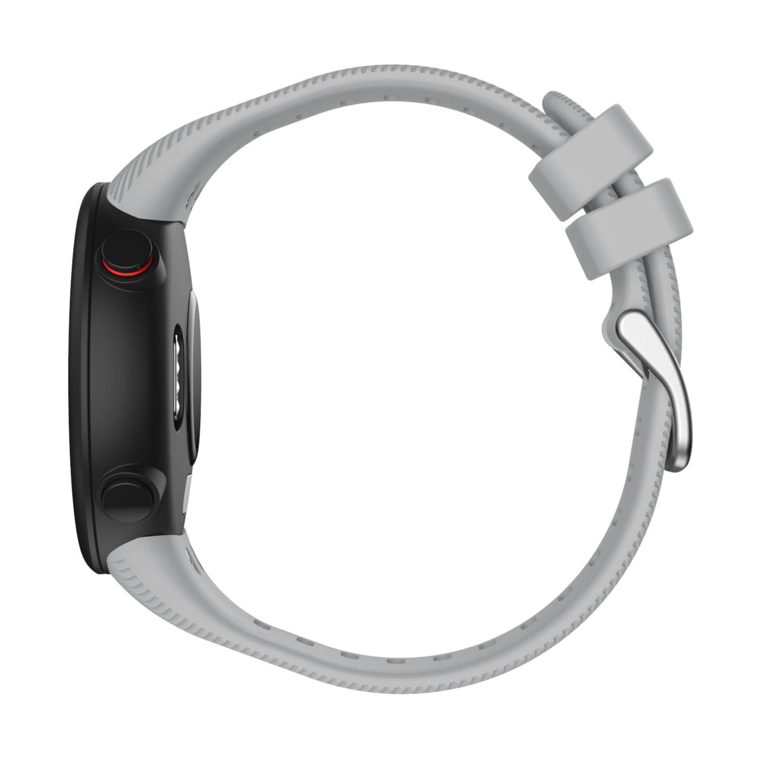 Un reloj inteligente Garmin Forerunner negro elegante con una correa Garmin Swim de silicona de color gris claro de alta calidad y hebilla plateada.