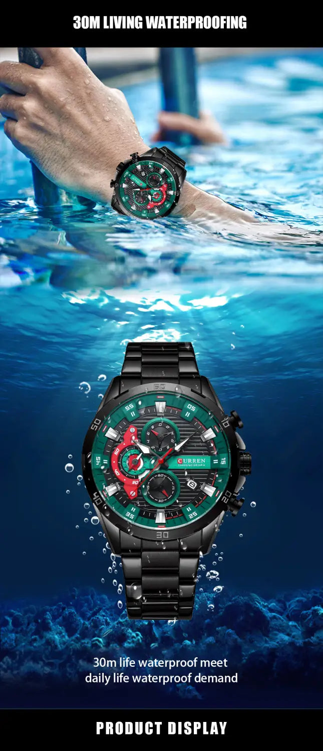 Black metal Curren men chronograph stainless steel watch with bold green and red dial featuring multiple subdials.